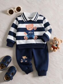 SHEIN 2pcs Toddler Boy Polo Sweatshirt Jogger Pants Cute Navy Blue White Bear Graphic Ribbed Long Sleeve Collared Birthday Party Spring Outdoor Elastic - Blue - View 12