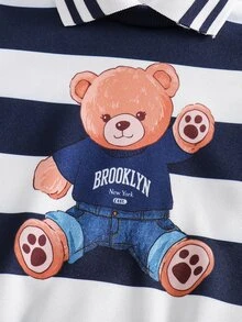 SHEIN 2pcs Toddler Boy Polo Sweatshirt Jogger Pants Cute Navy Blue White Bear Graphic Ribbed Long Sleeve Collared Birthday Party Spring Outdoor Elastic - Blue - View 4