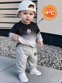 Infant/Toddler (Boy) Sweatshirt Set, Round Neck Sweatshirt With Gradient Bottoms, Gray Cuffed Long Pants, Casual Loose Fit, Comfortable Winter - Black and White - View 3