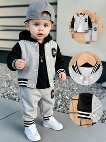 SHEIN Unisex Infant Baby 3pcs Outfit, Letter C Print Color Block Varsity Jacket & Tee & Pants Set Casual Fall Winter Baby Clothes 0-12 Months - Grey - View 2