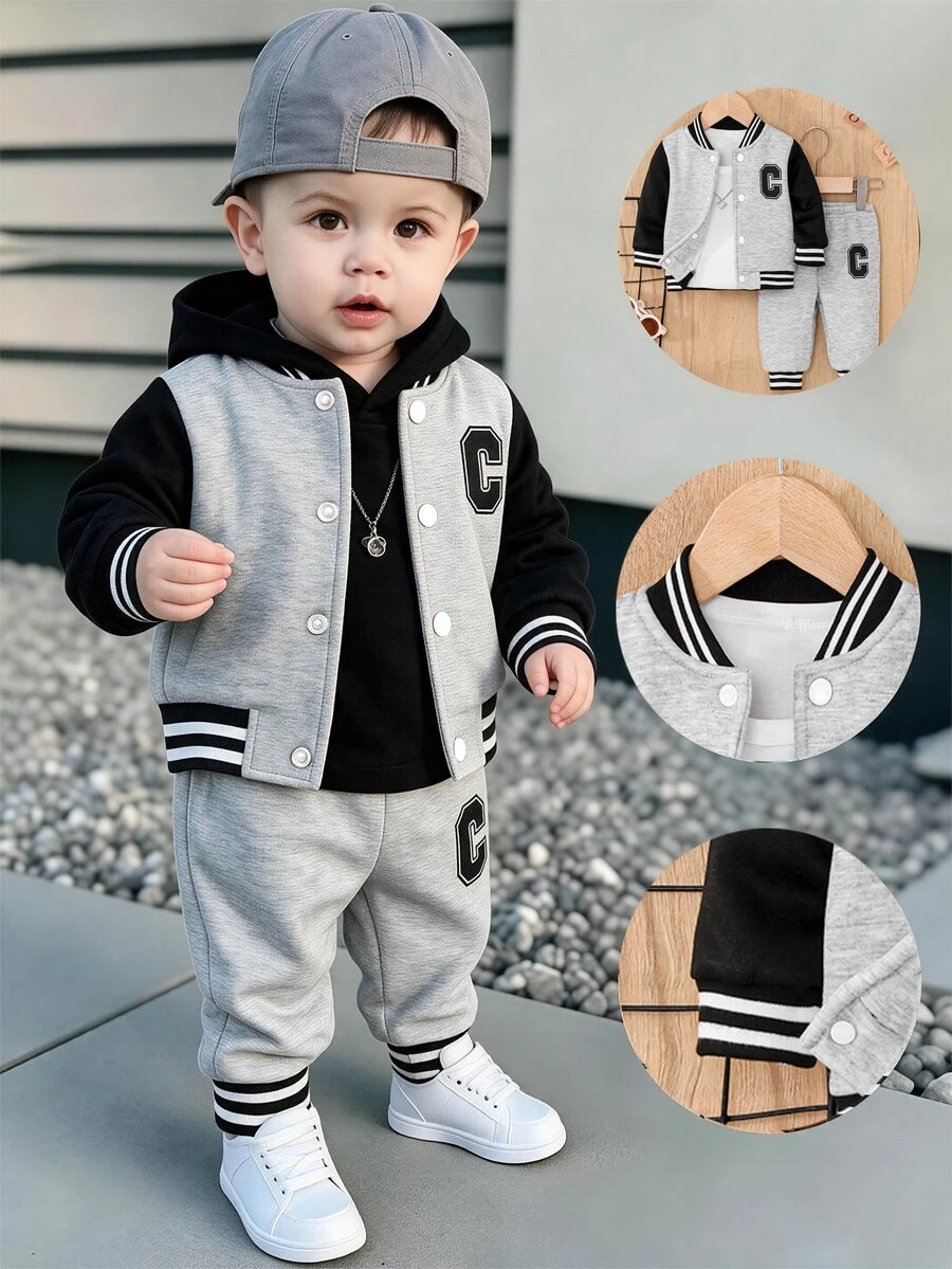 SHEIN Unisex Infant Baby 3pcs Outfit, Letter C Print Color Block Varsity Jacket & Tee & Pants Set Casual Fall Winter Baby Clothes 0-12 Months