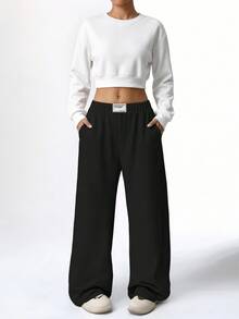 SHEIN Tween Girls' Relaxed Fit Wide Leg Casual Pocketed Black Polyester Lightweight Breathable Easy-Care Pants Embroidered Tag Accent Winter Activewear - Black - View 1