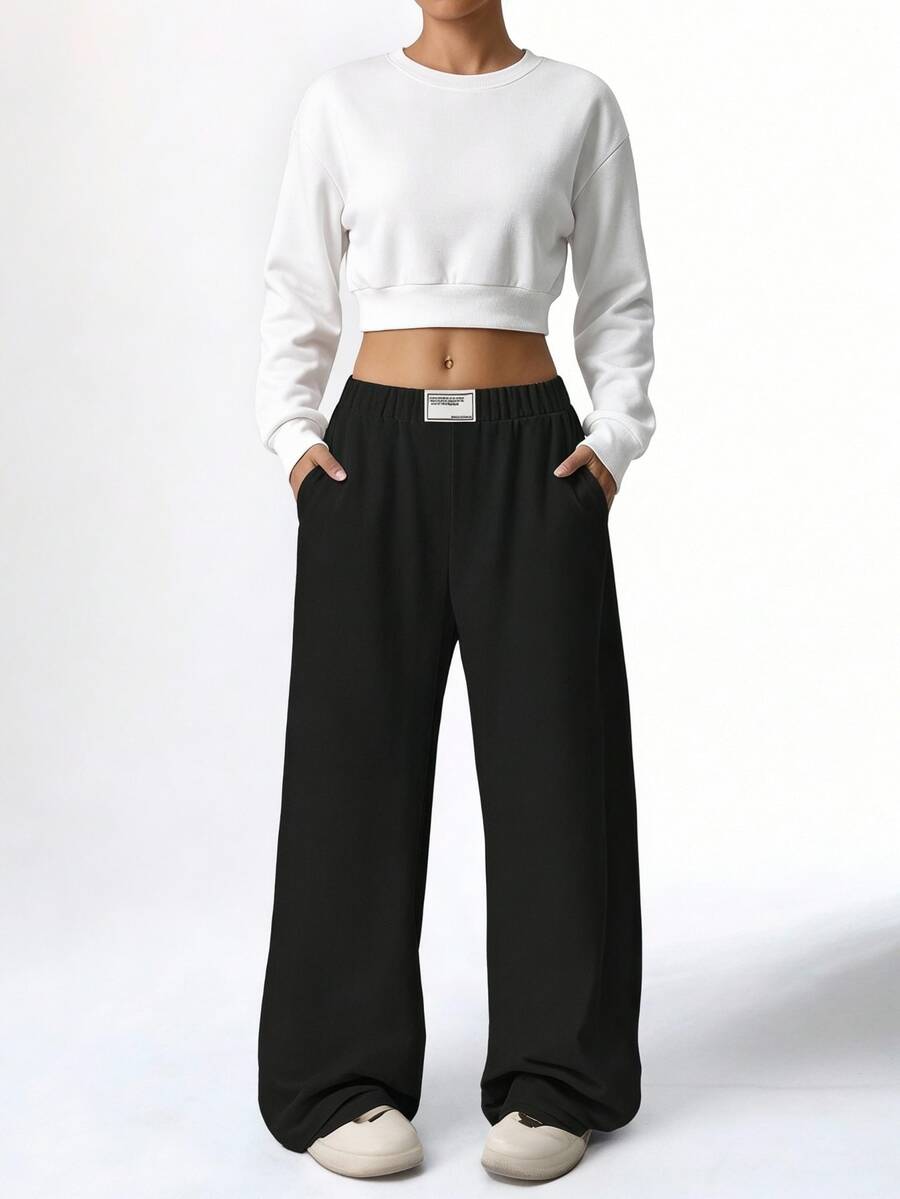 SHEIN Tween Girls' Relaxed Fit Wide Leg Casual Pocketed Black Polyester Lightweight Breathable Easy-Care Pants Embroidered Tag Accent Winter Activewear - Black - View 1