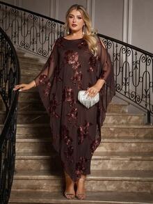 Reflora Plus Size Women's Mesh Floral Embroidered Round Neck Shoulder Cutout Casual Loose Elegant Dress New Year Christmas Thanksgiving Cocktail Dinner Brown - Brown - View 9
