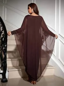 Reflora Plus Size Women's Mesh Floral Embroidered Round Neck Shoulder Cutout Casual Loose Elegant Dress New Year Christmas Thanksgiving Cocktail Dinner Brown - Brown - View 7