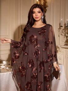 Reflora Plus Size Women's Mesh Floral Embroidered Round Neck Shoulder Cutout Casual Loose Elegant Dress New Year Christmas Thanksgiving Cocktail Dinner Brown - Brown - View 5