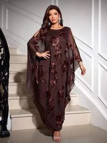 Reflora Plus Size Women's Mesh Floral Embroidered Round Neck Shoulder Cutout Casual Loose Elegant Dress New Year Christmas Thanksgiving Cocktail Dinner Brown - Brown - View 2