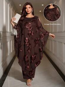 Reflora Plus Size Women's Mesh Floral Embroidered Round Neck Shoulder Cutout Casual Loose Elegant Dress New Year Christmas Thanksgiving Cocktail Dinner Brown - Brown - View 1