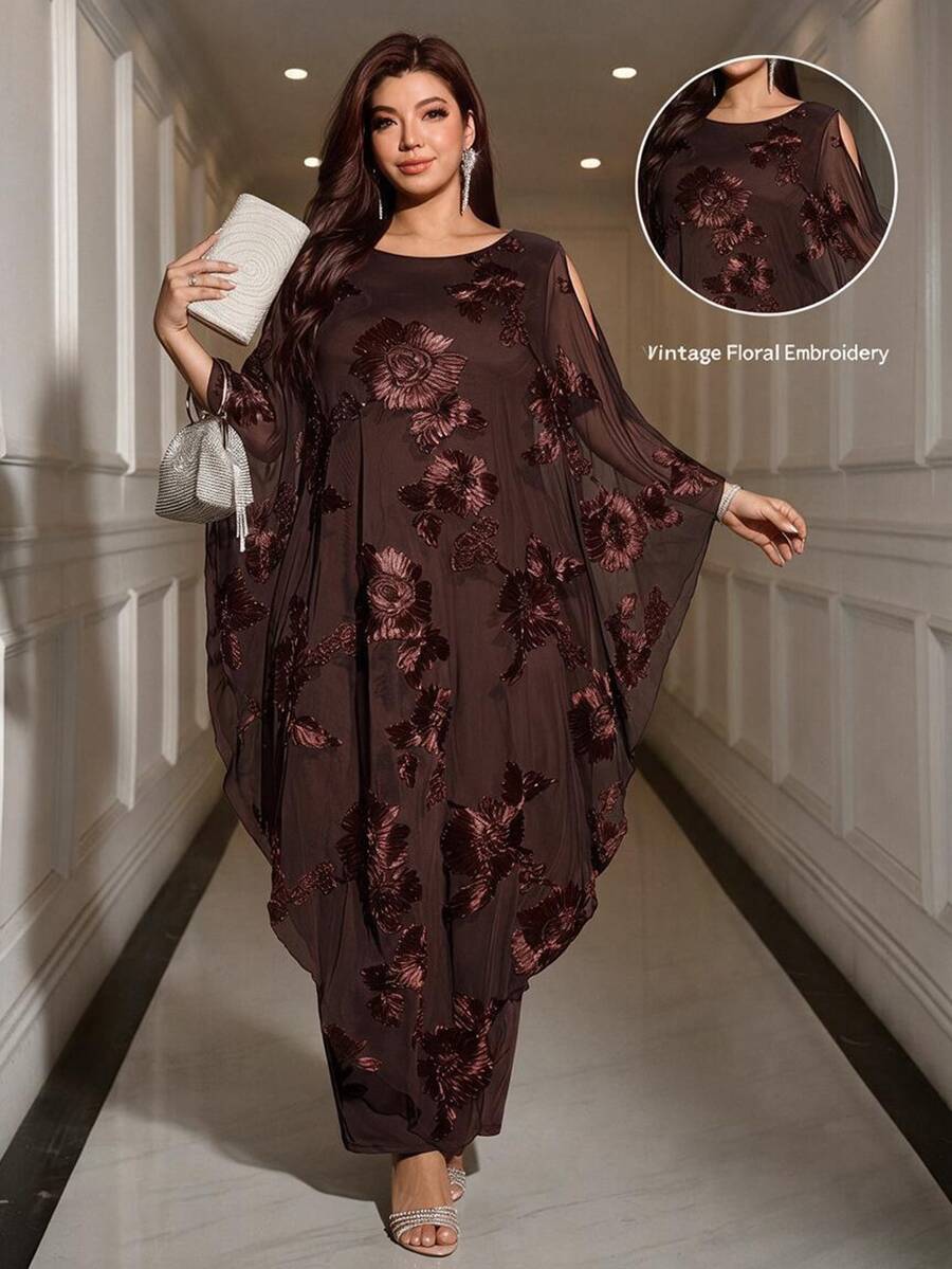 Reflora Plus Size Women's Mesh Floral Embroidered Round Neck Shoulder Cutout Casual Loose Elegant Dress New Year Christmas Thanksgiving Cocktail Dinner Brown - Brown - View 1