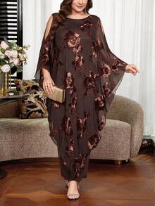Reflora Plus Size Women's Mesh Floral Embroidered Round Neck Shoulder Cutout Casual Loose Elegant Dress New Year Christmas Thanksgiving Cocktail Dinner Brown - Brown - View 10