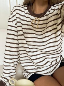 SHEIN EZwear Women's Minimalist Blue And White Stripe Colorblock Long Sleeve Casual Sweatshirt Brunch Fall - Multicolor - View 10