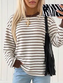 SHEIN EZwear Women's Minimalist Blue And White Stripe Colorblock Long Sleeve Casual Sweatshirt Brunch Fall - Multicolor - View 9