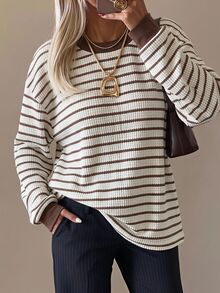 SHEIN EZwear Women's Minimalist Blue And White Stripe Colorblock Long Sleeve Casual Sweatshirt Brunch Fall - Multicolor - View 8