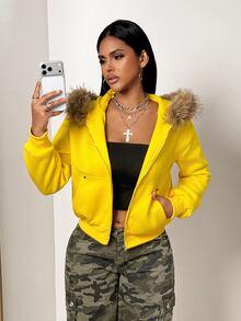 SHEIN BamGlam Women's Plush Patchwork Casual Versatile Daily Travel Sports Hooded Sweatshirt - Yellow - View 6