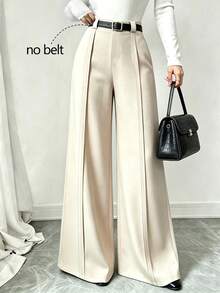 Elenzga Apricot Mid-Waist Front-Center Pleated Wide-Leg Suit Pants, Minimalist Commuter Versatile Long Straight-Leg Casual Trousers For Women - Apricot - View 8