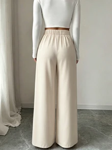 Elenzga Apricot Mid-Waist Front-Center Pleated Wide-Leg Suit Pants, Minimalist Commuter Versatile Long Straight-Leg Casual Trousers For Women - Apricot - View 6