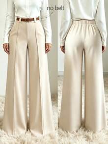 Elenzga Apricot Mid-Waist Front-Center Pleated Wide-Leg Suit Pants, Minimalist Commuter Versatile Long Straight-Leg Casual Trousers For Women - Apricot - View 7