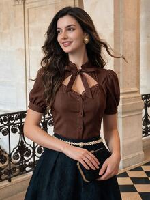 Vintamour Women's Lace Patchwork Casual Versatile Daily Wear Blouse - Brown - View 2