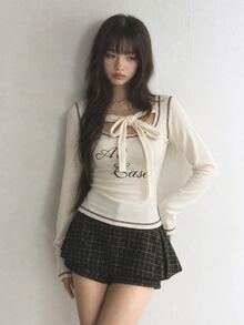 FRIFUL Women's Letter Print Long Sleeve Casual Graphic Versatile T-Shirt Everyday Date White Fall - Beige - View 1