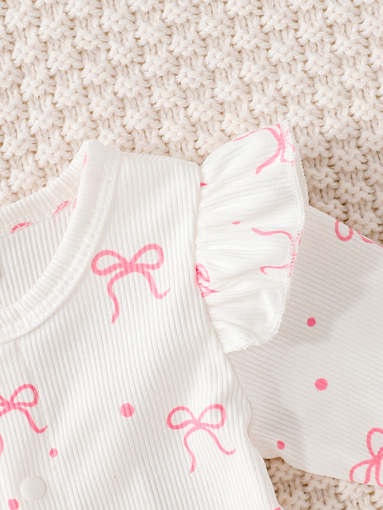 SHEIN Newborn 1pc White Round Neck Long Sleeve Loose Bow Jumpsuit With Button Front & Zip, Cute Fall Winter - White - View 5