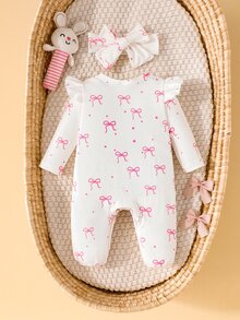 SHEIN Newborn 1pc White Round Neck Long Sleeve Loose Bow Jumpsuit With Button Front & Zip, Cute Fall Winter - White - View 3