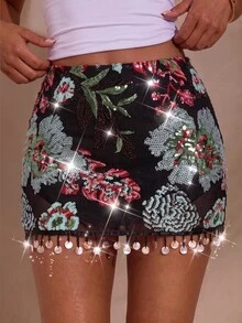 Allurite Black Floral Sequin Mesh Mini Skirt Shell Tassel Fringe Built In Shorts High Waist Bodycon Sparkly Coastal Cowgirl Rodeo Festival Night Out For Women - Multicolor - View 1