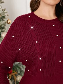 Easowa Curve Plus Size Elegant Beaded Decor Long Sleeve Sweater Party Dress - Burgundy - View 7
