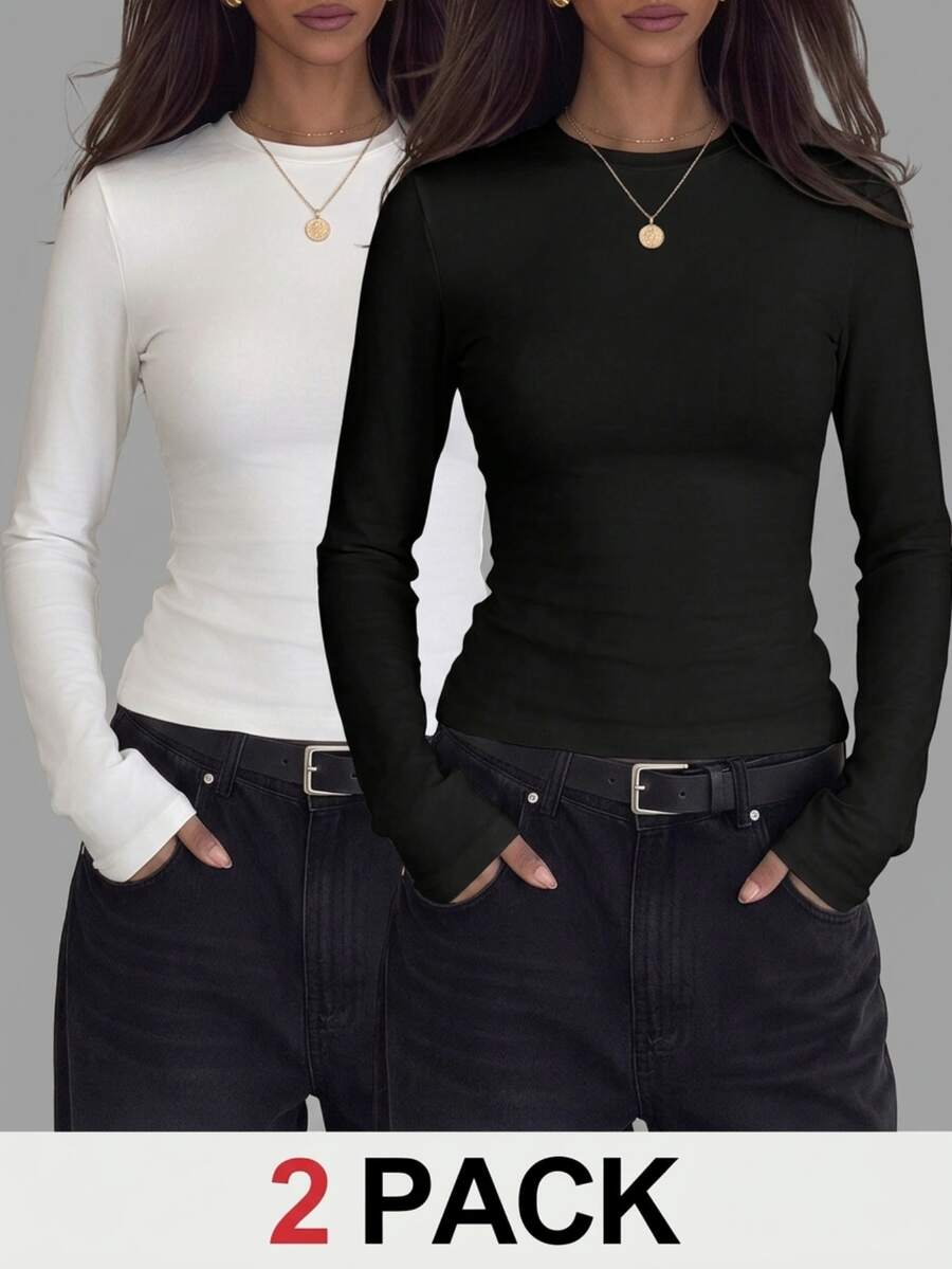 SHEIN Tall 2-Pack Women's Solid Color Crew Neck Long Sleeve Casual Versatile T-Shirt - Multicolor - View 1