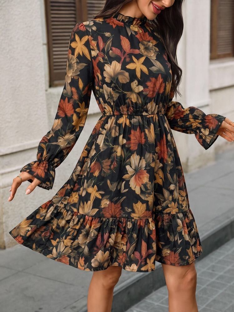 SHEIN LUNE Đầm nữ họa tiết hoa cổ chữ V tay lồng đèn phong cách thường ngày (mùa đông), đầm tay dài họa tiết lá phong phong cách vintage, đầm mini thường ngày cổ đứng tay dài có bèo gấu - Nhiều màu - Xem 8