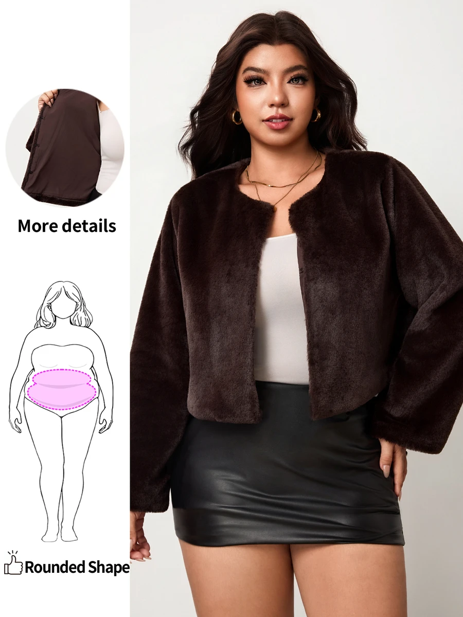Enliva Plus Size Women's Elegant Faux Fur Cropped Coat Open Front Long Sleeve Jacket For Party Formal Club New Year Christmas Evening Wear Winter - Brown - View 1