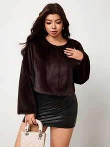 Enliva Plus Size Women's Elegant Faux Fur Cropped Coat Open Front Long Sleeve Jacket For Party Formal Club New Year Christmas Evening Wear Winter - Brown - View 5