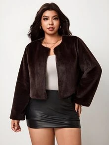 Enliva Plus Size Women's Elegant Faux Fur Cropped Coat Open Front Long Sleeve Jacket For Party Formal Club New Year Christmas Evening Wear Winter - Brown - View 3