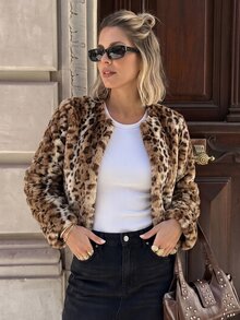 SHEIN معطف فرو صناعي بطبعة نمر بأكمام طويلة جديد للخريف/الشتاء للنساء - متعدد الألوان - مشاهدة 7