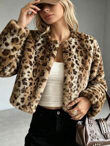 SHEIN معطف فرو صناعي بطبعة نمر بأكمام طويلة جديد للخريف/الشتاء للنساء - متعدد الألوان - مشاهدة 5
