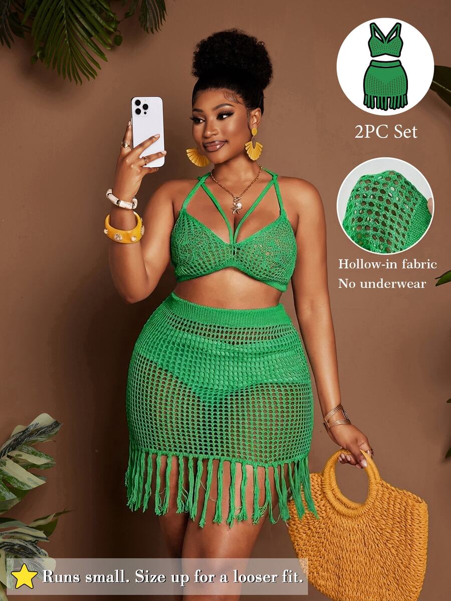 Maweii Women's Plus Size Mint Green Summer Boho Casual Vacation Knit Set, Crossover Halter Backless Hollow Crop Top Fringed Hem Skirt 2pcs Suit Beach - Dark Green - View 1