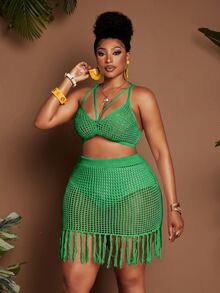Maweii Women's Plus Size Mint Green Summer Boho Casual Vacation Knit Set, Crossover Halter Backless Hollow Crop Top Fringed Hem Skirt 2pcs Suit Beach - Dark Green - View 5