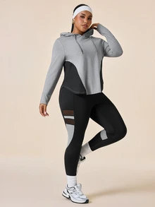 SHEIN Women's Plus Size Colorblock Mesh Hooded Long Sleeve Top + High Waist Athletic Leggings 2 Pieces Workout Set - Multicolor - View 4
