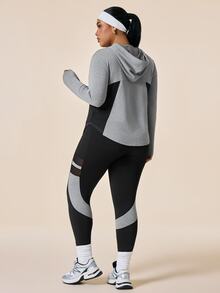 SHEIN Women's Plus Size Colorblock Mesh Hooded Long Sleeve Top + High Waist Athletic Leggings 2 Pieces Workout Set - Multicolor - View 5