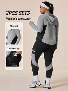 SHEIN Women's Plus Size Colorblock Mesh Hooded Long Sleeve Top + High Waist Athletic Leggings 2 Pieces Workout Set - Multicolor - View 1