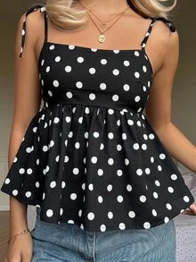 CovetEZ Women's Summer Cotton Retro Sweet Polka Dot A-Line Ruffle Strap Camisole, Black,Summer Top - Black - View 3