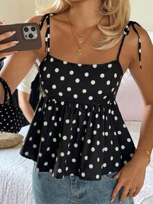 CovetEZ Women's Summer Cotton Retro Sweet Polka Dot A-Line Ruffle Strap Camisole, Black,Summer Top - Black - View 6