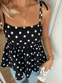 CovetEZ Women's Summer Cotton Retro Sweet Polka Dot A-Line Ruffle Strap Camisole, Black,Summer Top - Black - View 4