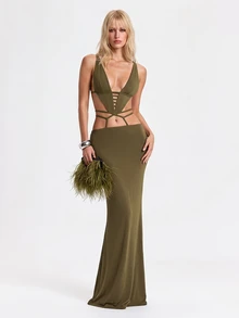 ROMWE Y2K Autumn/Winter Sexy Party Midnight Luxury Deep V-Neck Ultra Low Waist Backless Bodycon Bodycon Long Dress For Women - Olive Green - View 1