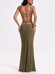 ROMWE Y2K Autumn/Winter Sexy Party Midnight Luxury Deep V-Neck Ultra Low Waist Backless Bodycon Bodycon Long Dress For Women - Olive Green - View 2
