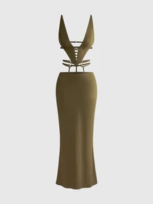 ROMWE Y2K Autumn/Winter Sexy Party Midnight Luxury Deep V-Neck Ultra Low Waist Backless Bodycon Bodycon Long Dress For Women - Olive Green - View 3