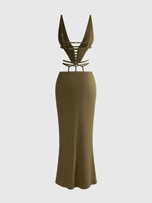 ROMWE Y2K Autumn/Winter Sexy Party Midnight Luxury Deep V-Neck Ultra Low Waist Backless Bodycon Bodycon Long Dress For Women - Olive Green - View 4