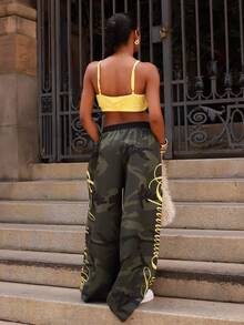 thauolivs Y2K Baddie Camo Print Pants Set, Yellow Cami Top + Loose Camouflage Pants Co-Ord - Multicolor - View 2