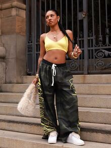 thauolivs Y2K Baddie Camo Print Pants Set, Yellow Cami Top + Loose Camouflage Pants Co-Ord - Multicolor - View 1