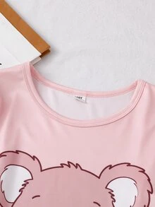 SHEIN 青少年女孩可愛灰色無尾熊印花圓領長袖上衣與全印花長褲休閒舒適寬鬆居家服2件套 - 粉色 - 查看 3