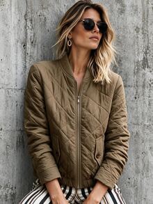 Omancia Women's Solid Color Long Sleeve Zip-Up Casual Baseball Collar Jacket Fall/Winter - Rust Brown - View 8